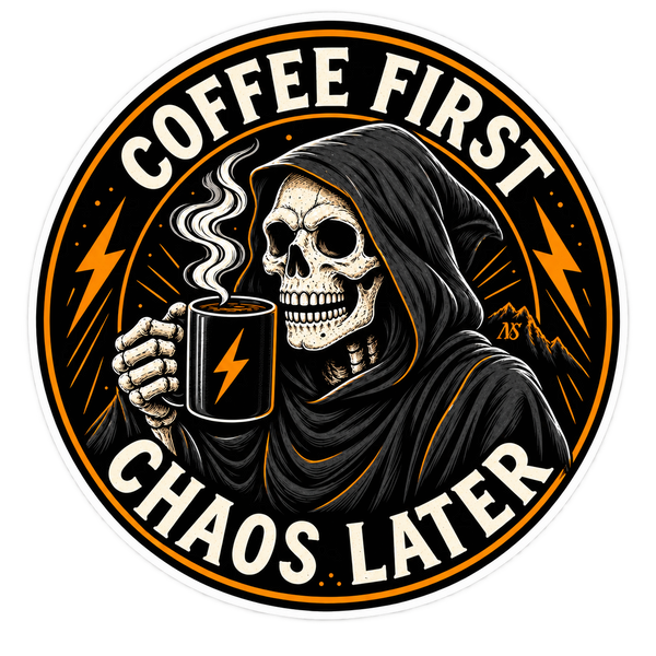 Coffee First, Chaos Later Sticker | Funny Coffee Lover Decal