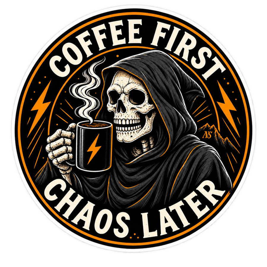 Coffee First, Chaos Later Sticker | Funny Coffee Lover Decal