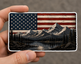 Mountain Flag Sticker | Outdoor American Flag Decal | Waterproof Vinyl — real sticker held in hand