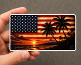 Ocean Flag Sticker | Beach Sunset American Flag Decal | Waterproof Vinyl — real sticker held in hand