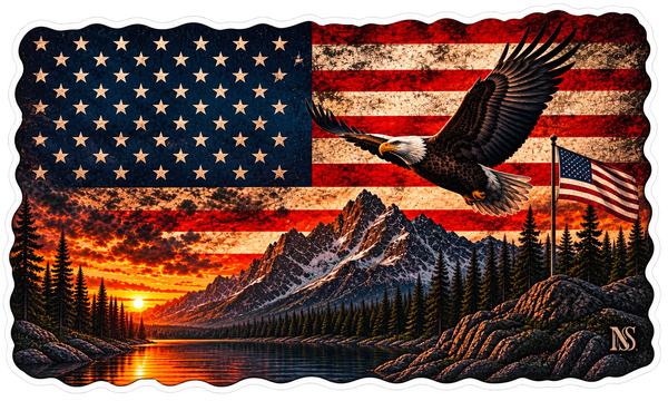 American Eagle Flag Sticker | Bald Eagle Mountain Sunset Decal | Waterproof Vinyl
