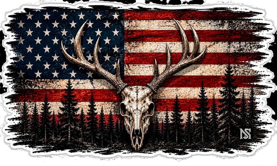 Deer Skull Flag Sticker | Hunting American Flag Decal | Waterproof Vinyl