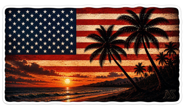 Ocean Flag Sticker | Beach Sunset American Flag Decal | Waterproof Vinyl